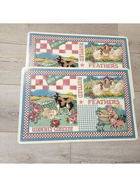 2 Vtg Fram Country Cottage Core Pigs Cows Chickens Table Vinyl Floral Placemats